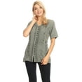 thumbnail image 5 of Sakkas Estella Womens Short Sleeve V neck Button Down Top Blouse with Embroidery - Light Grey - Medium, 5 of 5