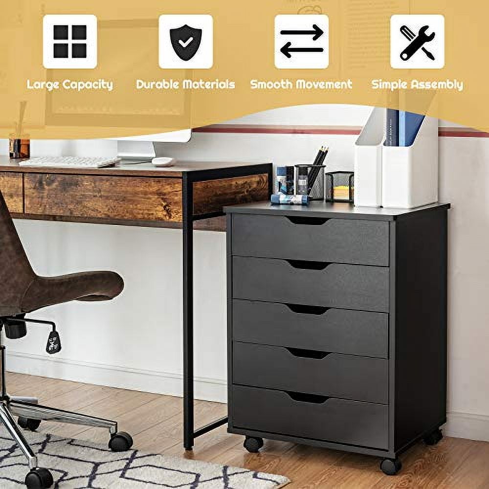 DORTALA 5 Drawer Chest File Cabinet with Wheels, Versatile Mobile Under Desk Office Storage Cabinet, Wood Filing Cabinet for Home Office, Black
