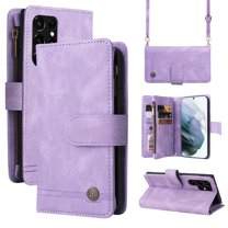 Feishell for Samsung Galaxy S23 Ultra 6.8 inch Zipper Wallet Case with Wrist Strap & Shoulder Strap,Premium PU Leather Magnetic Clasp Flip Holder Card Slots Crossbody Phone Case for Women Men,Purple