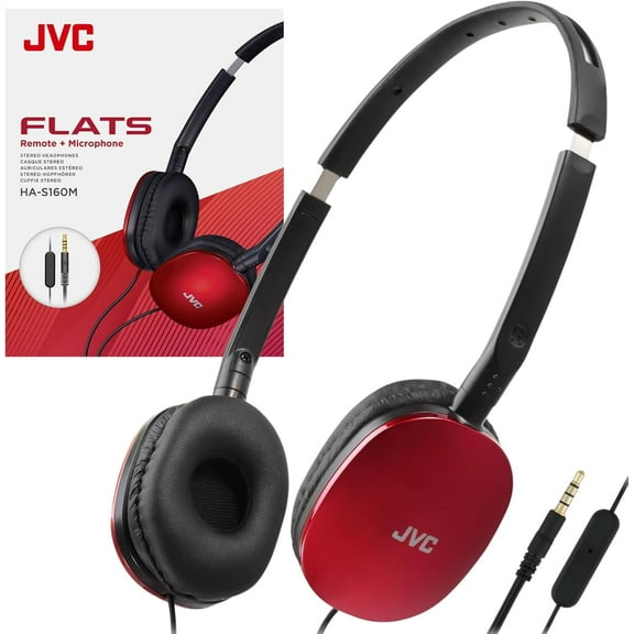 JVC Red Flat Foldable Colorful Flats On Ear Headphones with Remote and Microphone, 3.94 Foot Gold Plated 3.5mm Slim Plug - HAS160MR