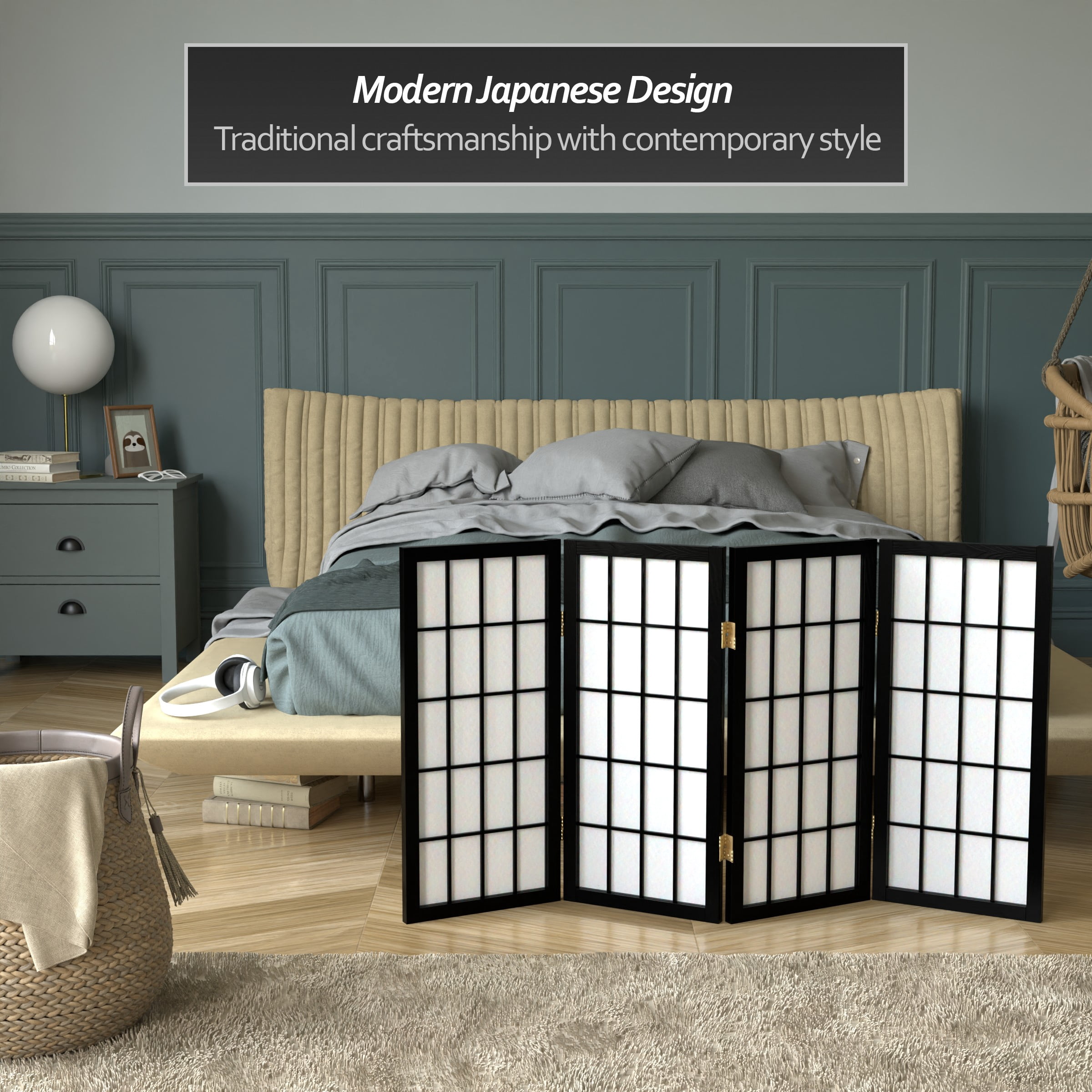 2 ft. Tall Desktop Window Pane Shoji Screen - Black - 4 Panels