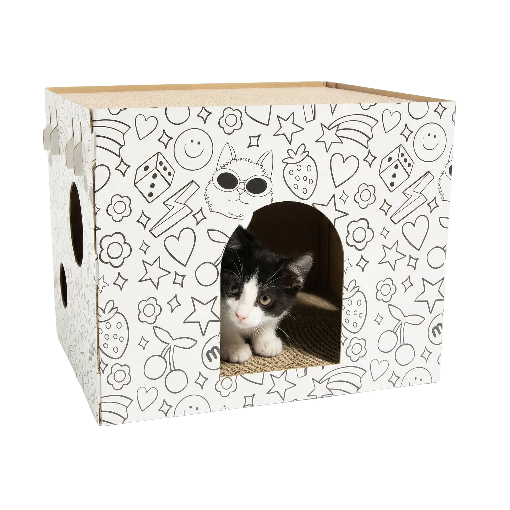 Oodles Customizable Doodle 1-Story Indoor Cardboard Cat Scratcher House with Durable Corrugated Scratching Pads, Multicolored, One Size