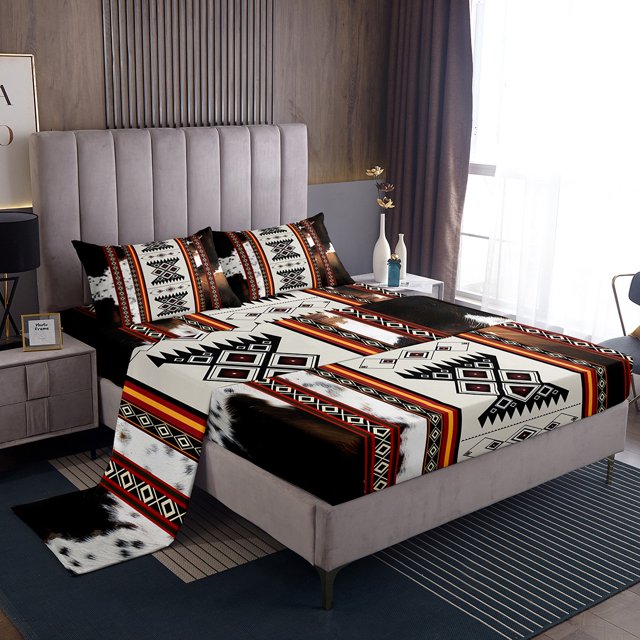 Erosebridal Western Aztec Sheet Set King, Boho Geometry Bedding Sets King Size, Rustic Cow Print Decor, Teen
