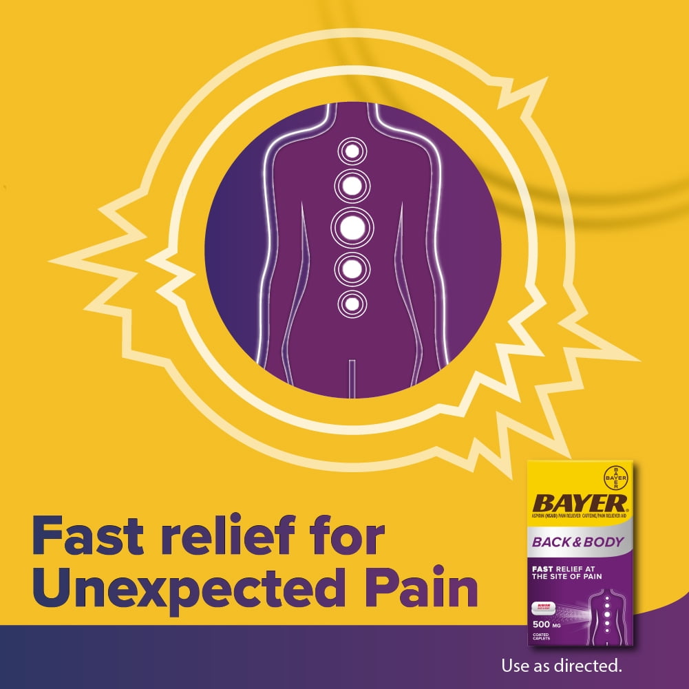 (3 pack) Bayer Back and Body Extra Strength Aspirin 500mg, Aspirin Plus 32.5 mg Caffeine Pain Reliever, Powerful Back and Body Pain Relief, 100 Coated Caplets