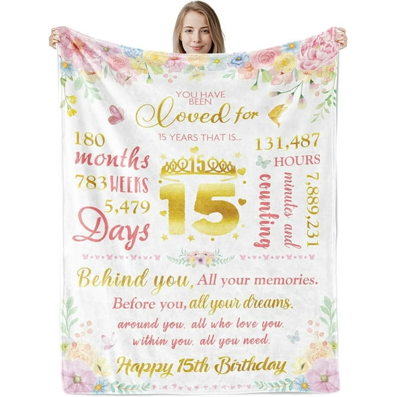 15 Year Old Quinceanera Gifts for Teen Girls, Cozy Happy 15th Birthday Throw Flannel Blanket Gift for Daughter Sister, 130x150 cm Pink Floral Bday Gifts Ideas for 15th Granddaughter Female Friends