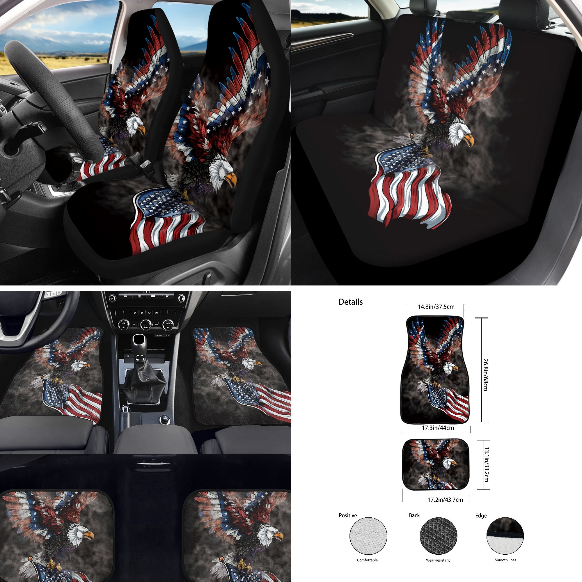 Jeiento Eagle Car Seat Cover Full Set with American Flag Floor Mats Steering Wheel Cover Seatbelt Pad Armrest Cover Coasters Keychains Lipstick Holder Universal Auto Interior Accessories Set of 17