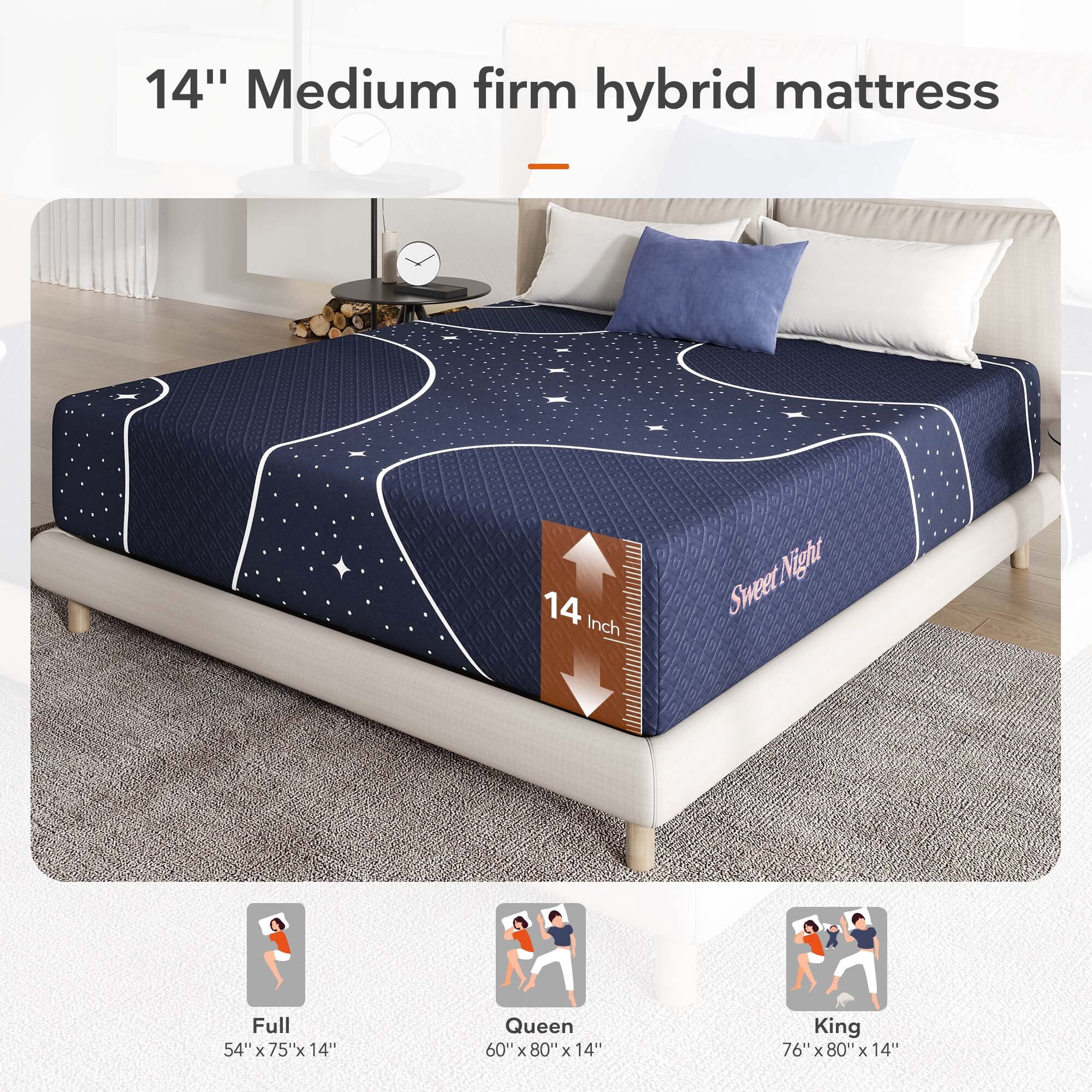 Sweetnight Starry Night 14'' CertiPUR-US Certified Adult Pocket Spring Hybrid Mattress Queen Size