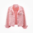 thumbnail image 3 of Zefriona Womens Cropped Denim Jacket Rhinestone Embellished Long Sleeve Casual Jean Coat Pink Size 3XL, 3 of 3