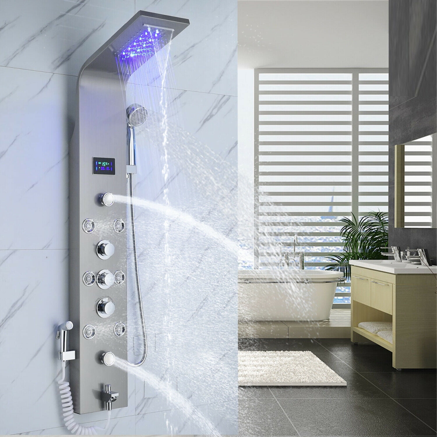 LED Shower Panel Tower System Multifunctional Shower Heads with Rain Massage Full Body Shower Jets Tub Spout Handheld Shower Wall Mounted Shower Panel Brushed Nickel