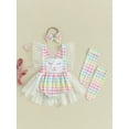 thumbnail image 2 of Bslissey Baby Girls Easter Outfits Colorful Plaid Print Sleeveless Ruffled Mesh Patchwork Romper Bodysuit + Headband + Socks 0-12M Newborn Infant Cute 3Pcs Clothes Sets, 2 of 8