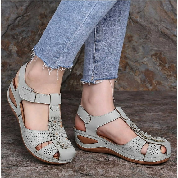 KBODIU Sandals Women Athletic Comfortable Outdoor Sandals with Arch Support Walking Sandals for Women Hollow Flowers Round Toe Sandals Soft Sole for Spot/Beach/Travel/Home Gray 43