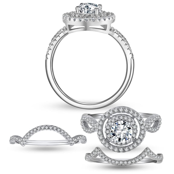 Halo Wedding Ring Set for Women Bridal Engagement Ring 2 Wedding Bands Sterling Silver Cz