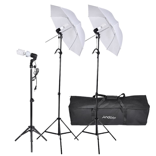 Kit de estudio fotográfico Andoer fotografía y vídeo retrato paraguas Kit de iluminación Triple continua con tres bombillas E27 tres giratorio toma tres Stand dos paraguas estuche Andoer-2 Kit de estudio fotográfico