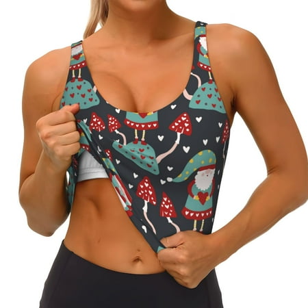 Qokaie Gnome With Mushroom 2 Pattern Womens Scoop Neck Sports Bra Breathable Workout Vest Padded U Back Medium Impact Fitness Gym Yoga Bra Workout Crop Top