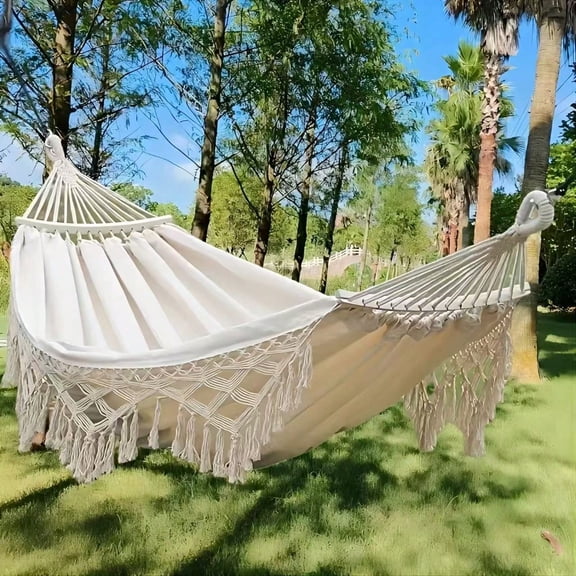 Brazilian Pattern Double Hammock White Red with Lace, Heavy Duty Thickened Fabric Hammock Holds 400LB, Complete Accessories, Garden & Camping Hammock