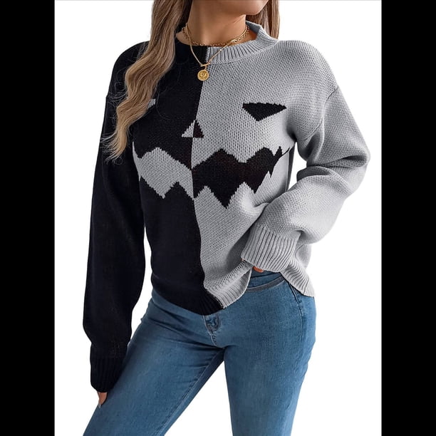 Suéteres de Halloween para Mujer, Divertidos Jerseys de Punto de Larga, Lindas Camisetas de Cuello Redondo con Fantasmas, Conjuntos de Otoño. Gris S