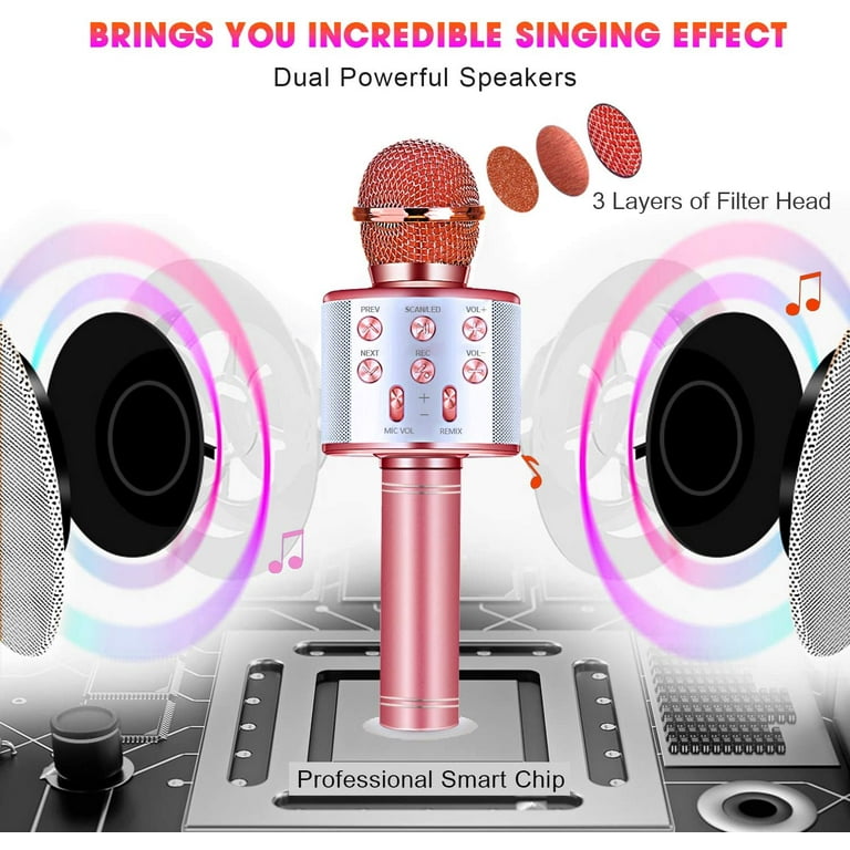 ShinePick Microfone Karaoke Bluetooth, 4 em 1 microfone sem fios karaokê  portátil com luzes LED para crianças, manta de jogo música, compatível com  Android/iOS PC, AUX ou Smartphone (ouro rosa)