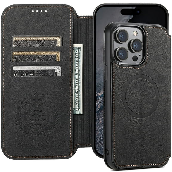 Mantto Wallet Case for iPhone 15 Plus,[Compatible with MagSafe] Retro Premium PU Leather Magnetic Folio Credit Card Slots Flip Kickstand Shockproof Slim Phone Case for Men Women,Black