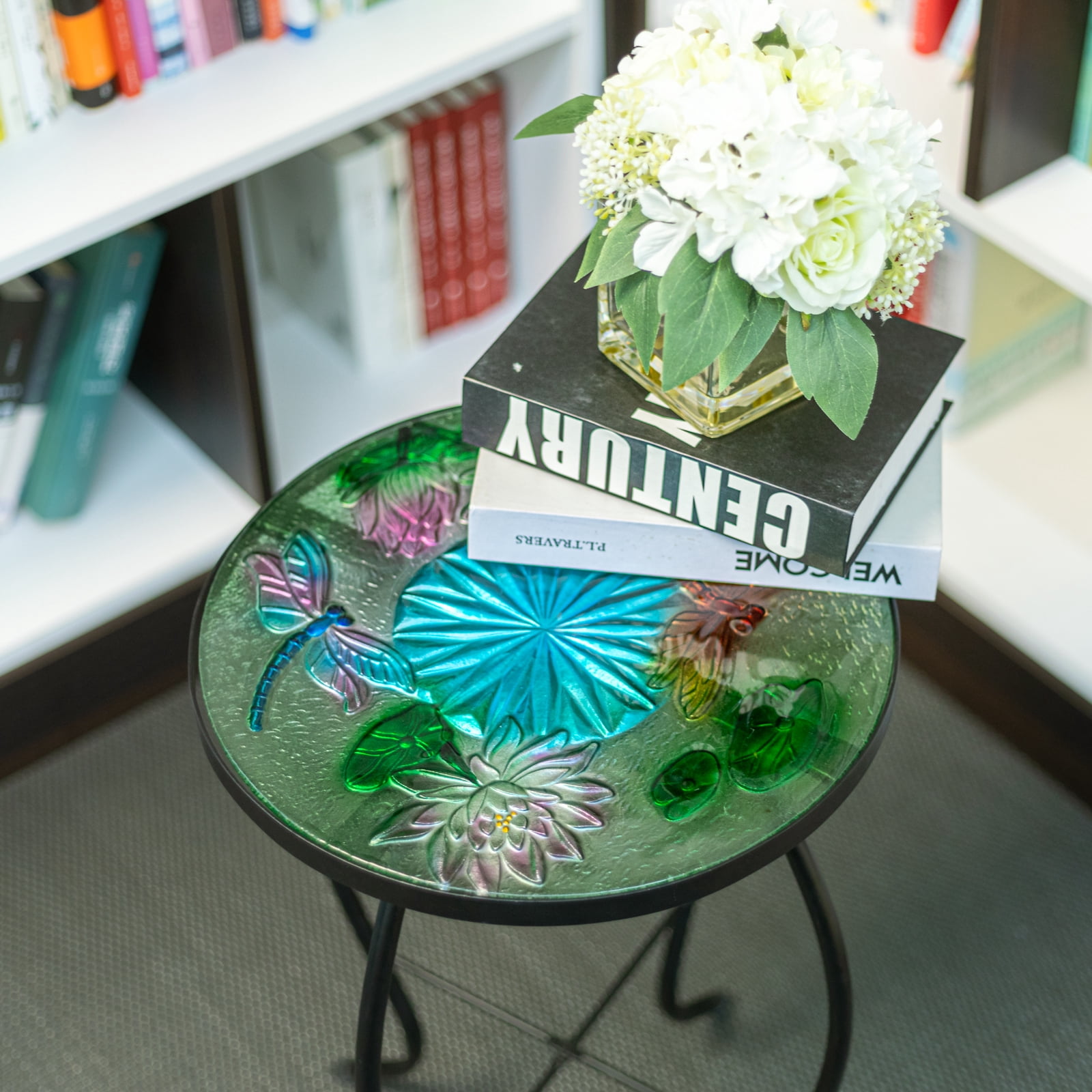 Wonder Garden Outdoor Side Table for Garden, Indoor Small Accent Coffee Table Plant Stand Round Glass Table for Balcony, Lawn, Patio, Dragonfly