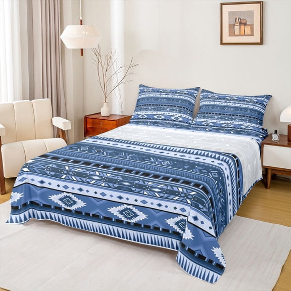 jejeloiu Retro Boho Aztec Twin Sheet Sets,Blue Vintage Geometric Bedding For Adults 3pcs
