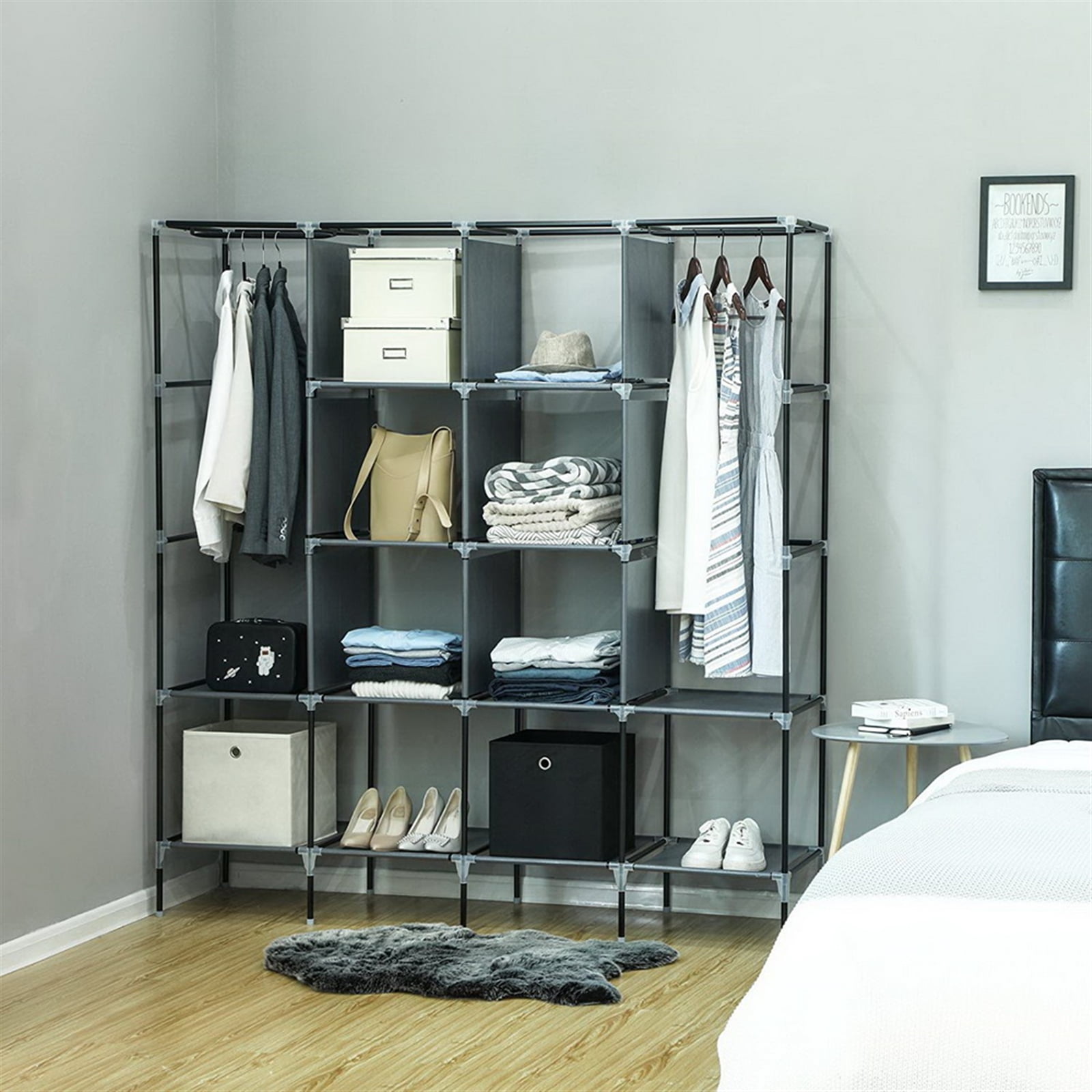 Non-woven wardrobe with 4 rows of high feet with 4 side pockets 169.5 x 44 x 168.5/181.5cm-gray 