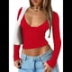 thumbnail image 3 of Tops de Escote en V Profundo para Mujer, Camisetas de Larga A , Camisetas de Punto Ajustadas, Camisetas de Moda de Otoño para Salir, Ropa Rojo S, 3 of 7