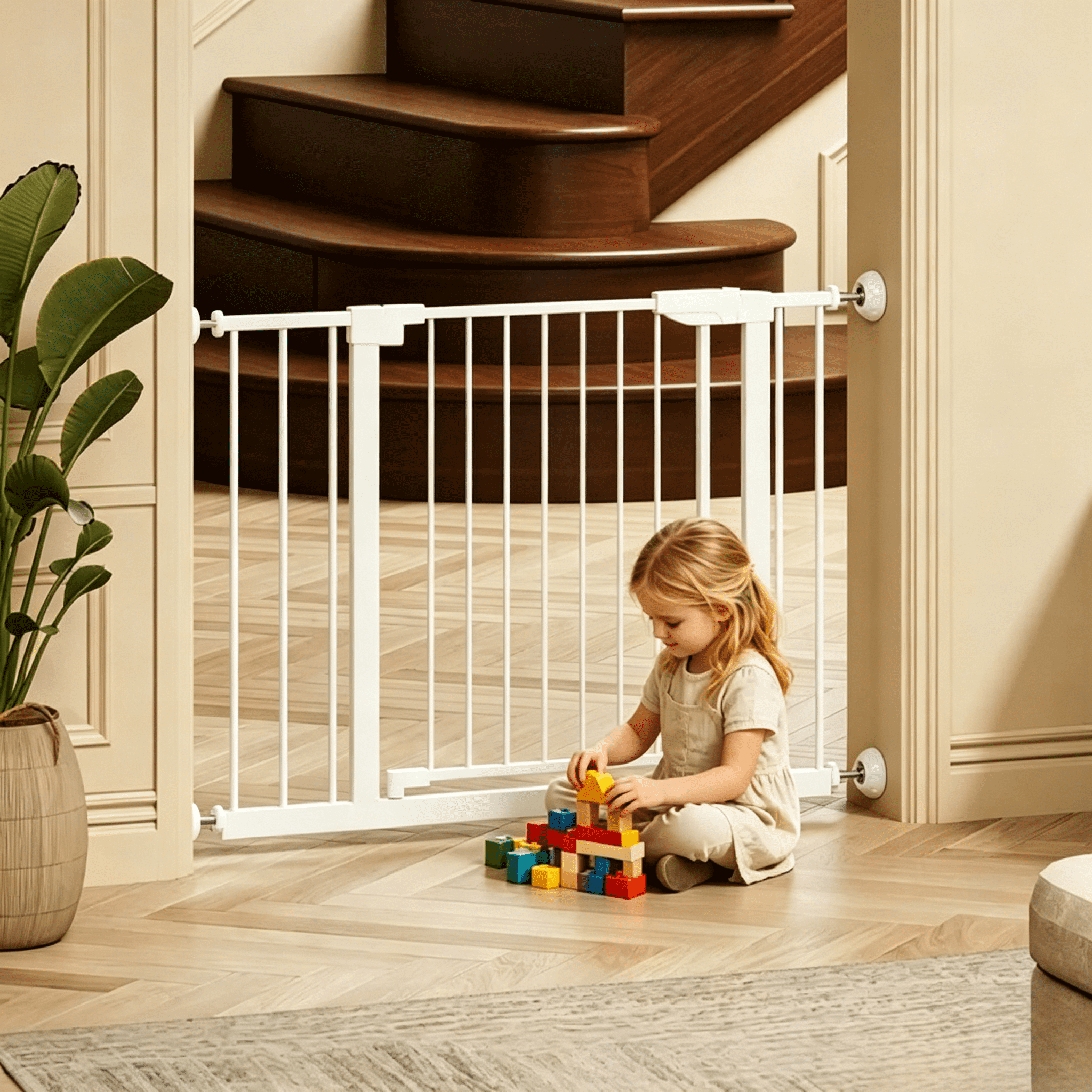 29.5-45.3" Wide Baby Gate with wall protector for Stairs, Dog Gate Indoor for Doorways, No Drilling Pressure Mounted Pet Gates for Kids, Easy Walk Through Safety Gate, White