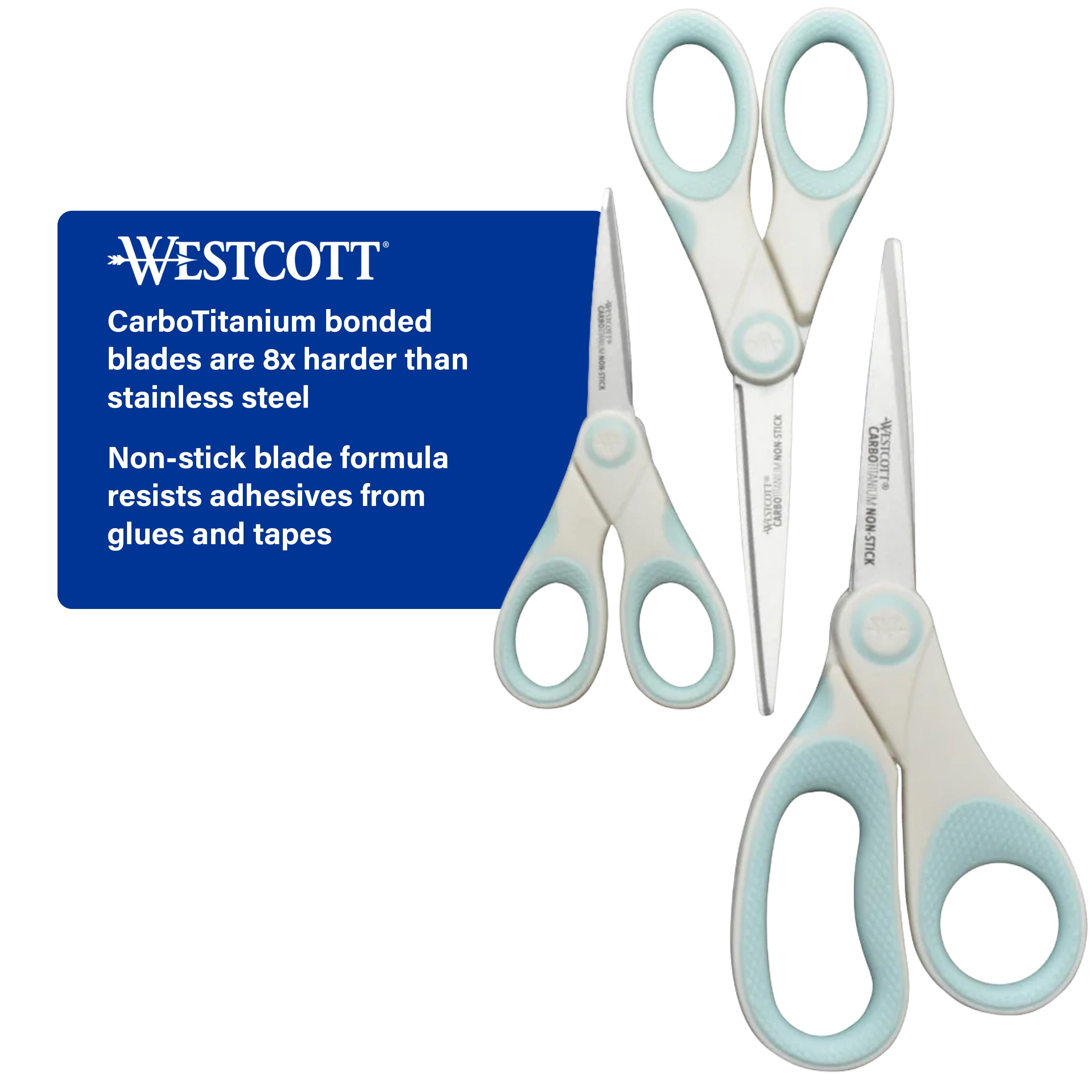 Westcott Carbo Titanium Non-Stick 8" 7" 5" Scissors, White/Blue for Crafts, 3-Pack