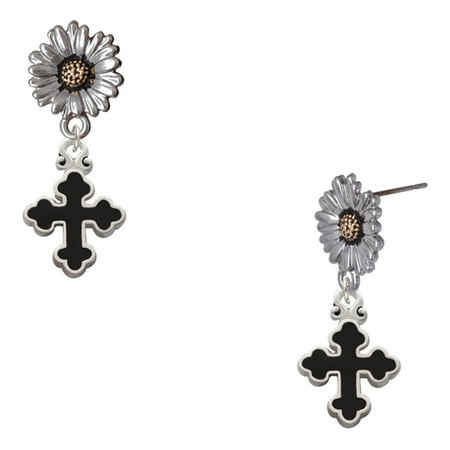 Delight Jewelry Silver-tone Small Black Enamel Botonee Cross – Two-tone Daisy Flower Post Earrings Delight Jewelry Silver-tone Small Black Enamel Botonee Cross – Two-tone Daisy Flower Post Earrings