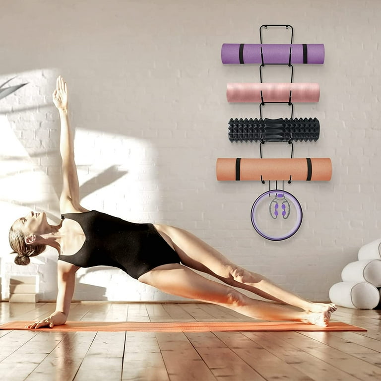Yoga Mat Holder Wall Mount 4 Tier, Yoga Mat Storage Rack with 3
