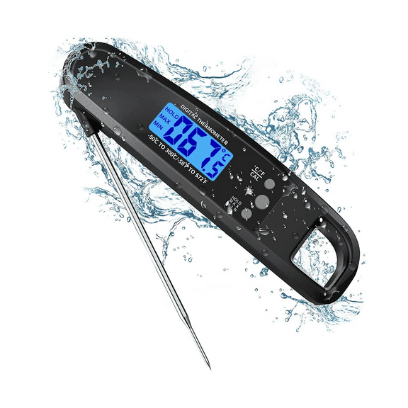 Instant Read Meat Thermometer for Grill and Cooking, Waterproof Thermometer With Backlight & Calibration - Black