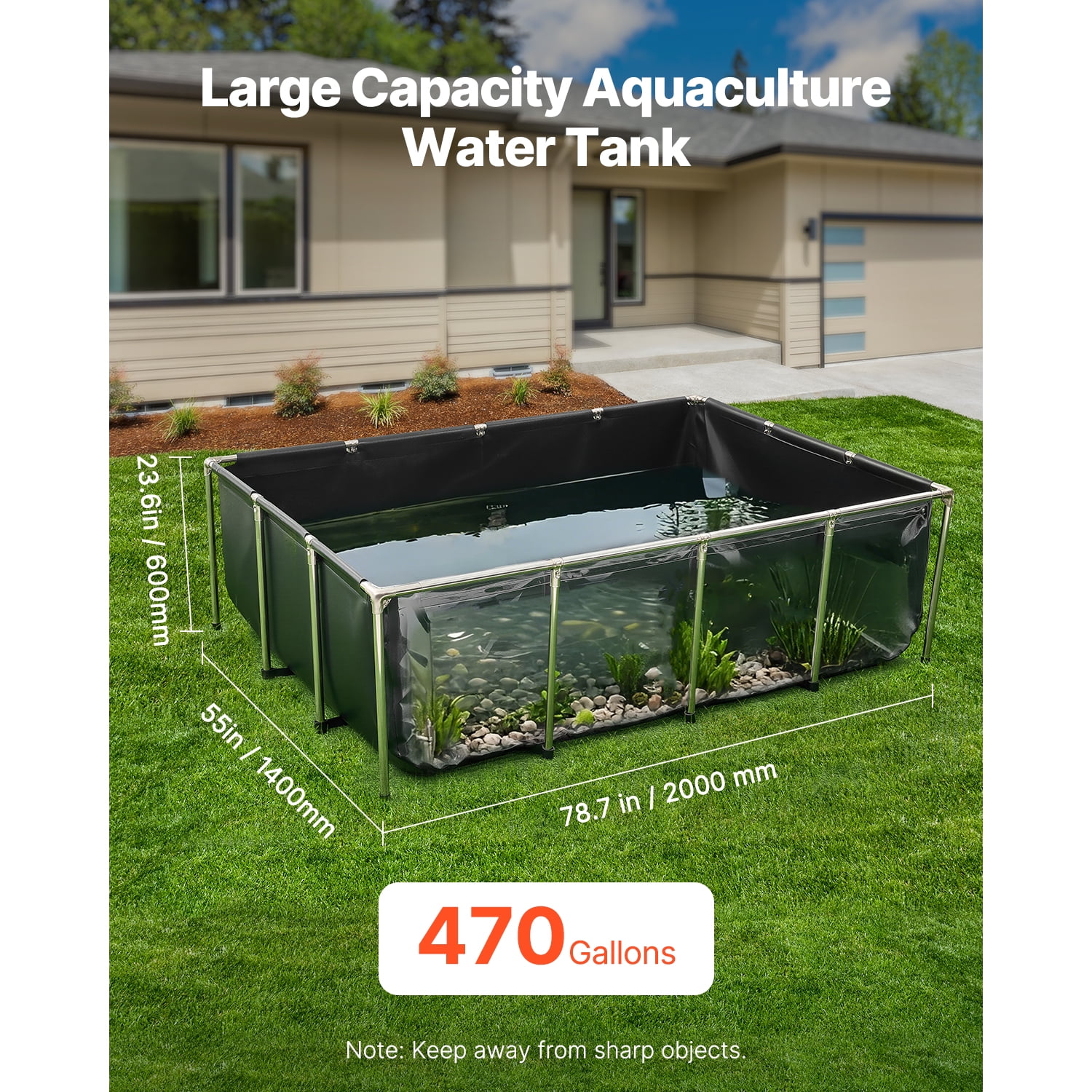 KFFKFF Canvas Fish Pond, 470 Gal Above Ground Pond, PVC Koi Tank with Transparent Viewing Panel, Rectangular Goldfish Tank with Steel Frame & Drain Valve, Suitable for Breeding Koi and Irrigation