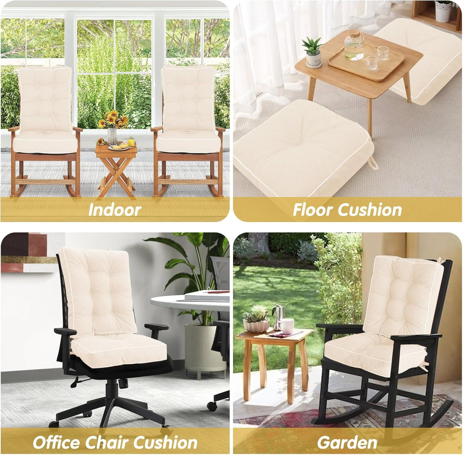 Parojati 28*18*5 Rocking Chair Cushion, Set of Thicken Seat & Back Chair Cushions with Memory Foam, Non-Slip Chair Pad with Ties for Indoor&Outdoor Rocker Beige