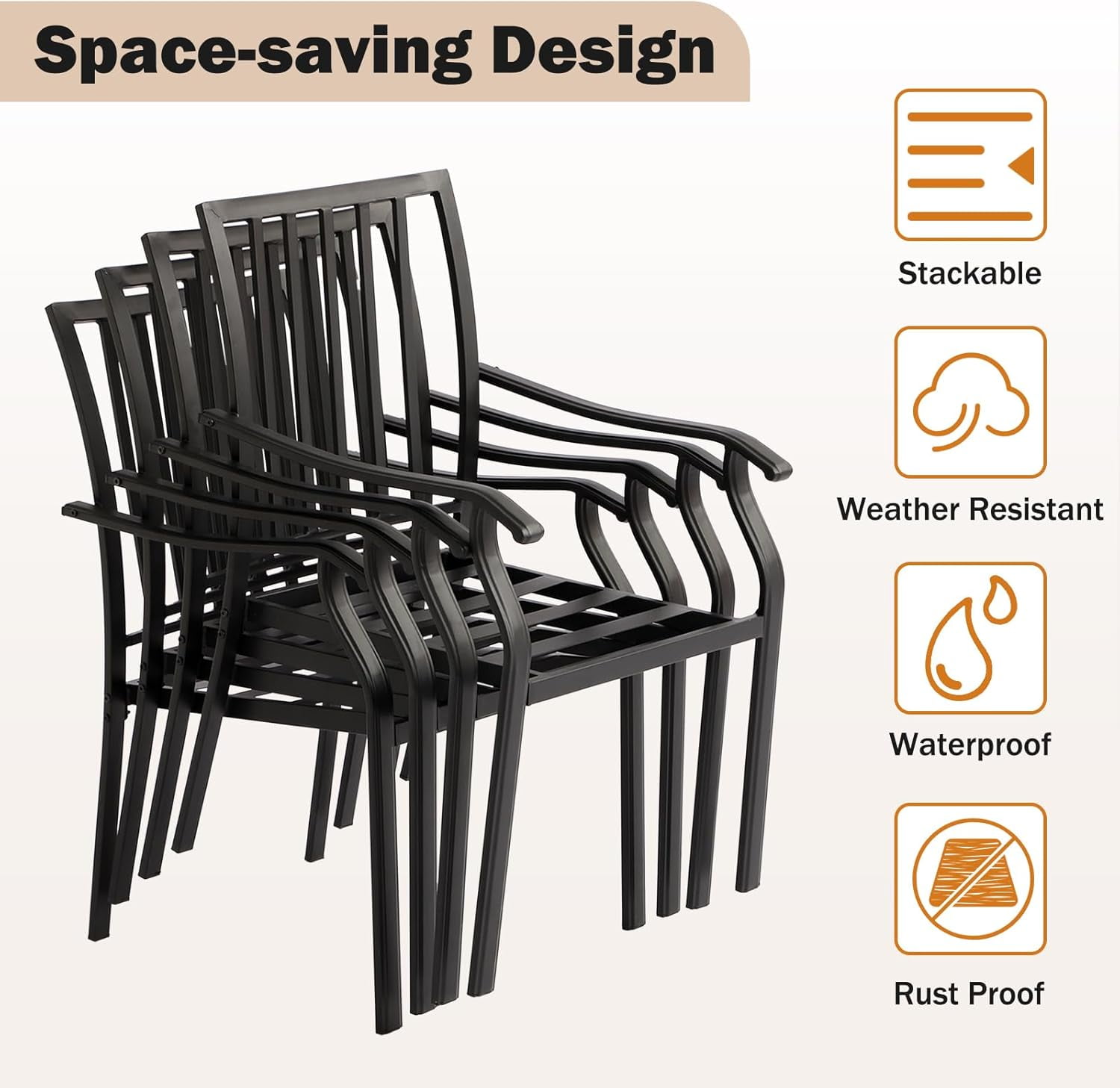 2 Pieces Patio Dining Chairs, Outdoor Metal Chairs with Armrests & Cushion, Metal Frame Stackable Patio Dining Chairs, Wrought Iron Outdoor Chairs for Garden, Balcony, Deck (2 Pieces)