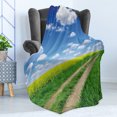 thumbnail image 4 of Yellow and Blue Soft Flannel Fleece Throw Blanket, Countryside Road on Field of Rapes into Nature Season Freshness, Cozy Plush for Indoor and Outdoor Use, 50" x 60", Green Blue White, by Ambesonne, 4 of 5