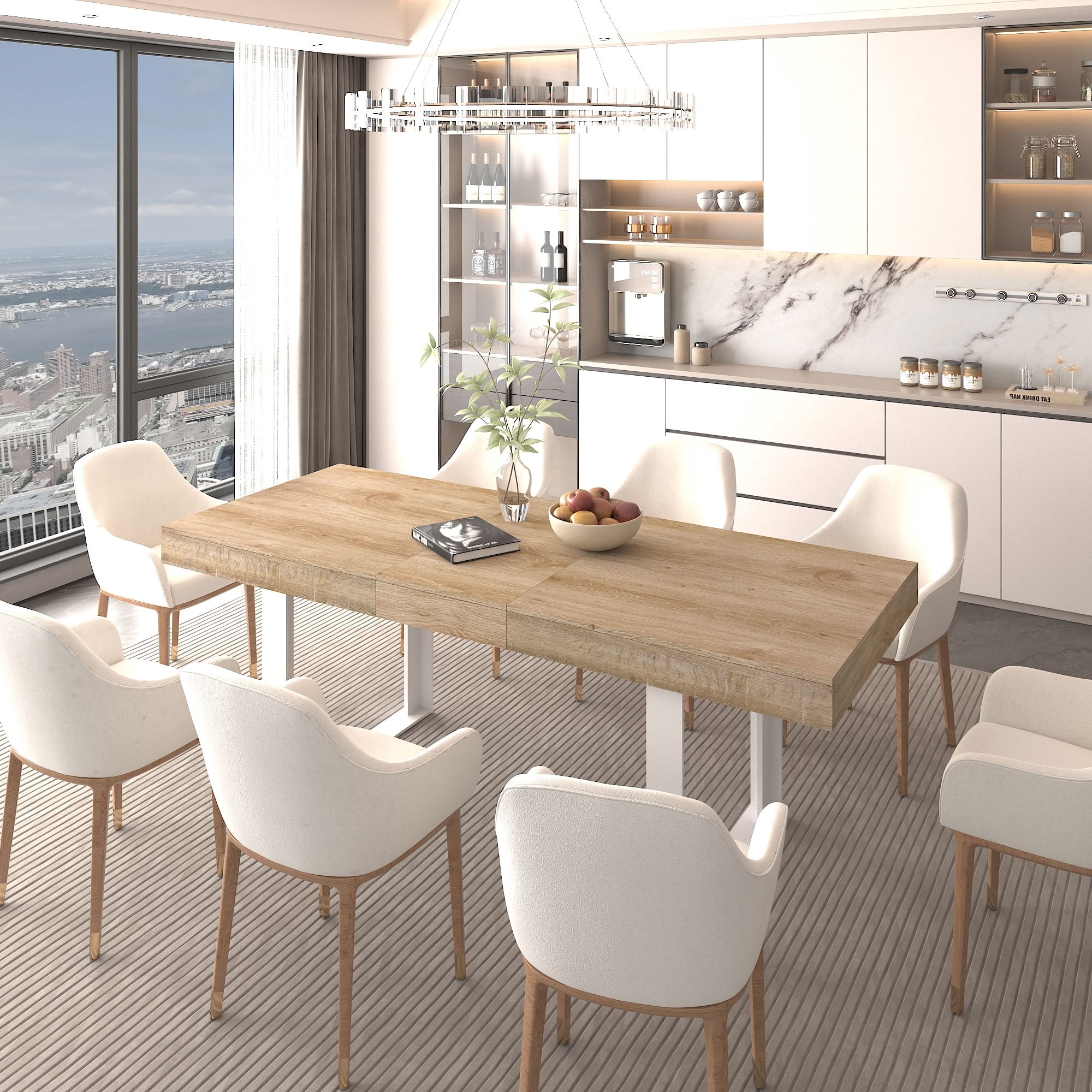 MAYEERTY Extendable Rectangular Dining Table for 6-10 People, Expandable Wood Kitchen Table with Hidden Storage Extension Leaf, for Home Apartment