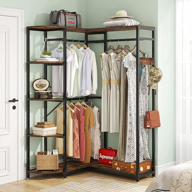 L Shape Clothes Rack, Corner Garment Rack with Storage Shelves and Hanging  Rods, Space-Saving Large Open Wardrobe