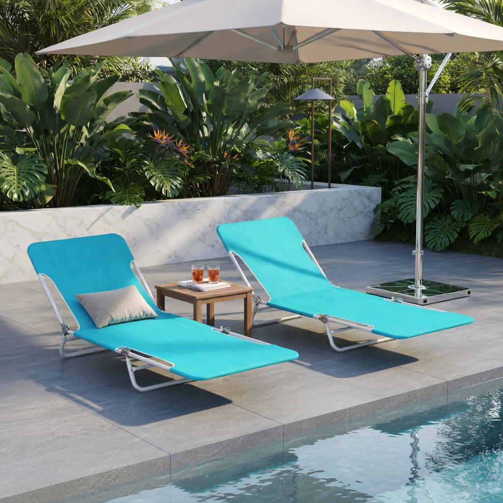Hommoo 2-Pack Adjustable 5-Position Lay-Flat Beach Lounge Chairs with Carry Strap, Heavy-Duty 600D Oxford & Powder-Coated Metal Frame, Turquoise