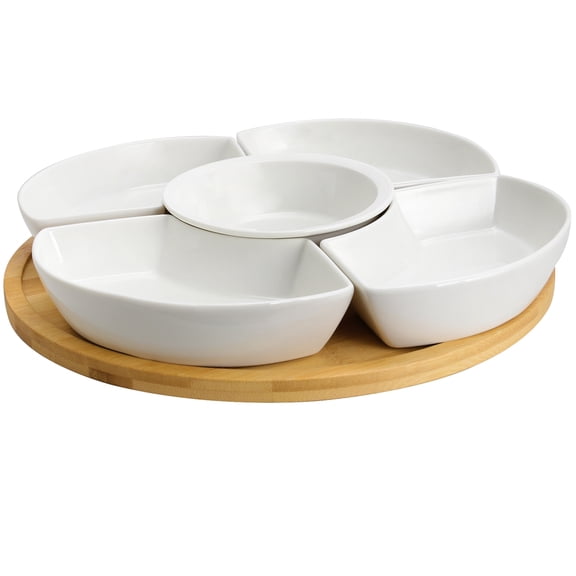 Elama Signature EL-188 12.25 in. Lazy Susan Appetizer & Condiment Server Set with 5 Serving Dishes & A Bamboo Lazy Suzan Serving Tray -6 Piece