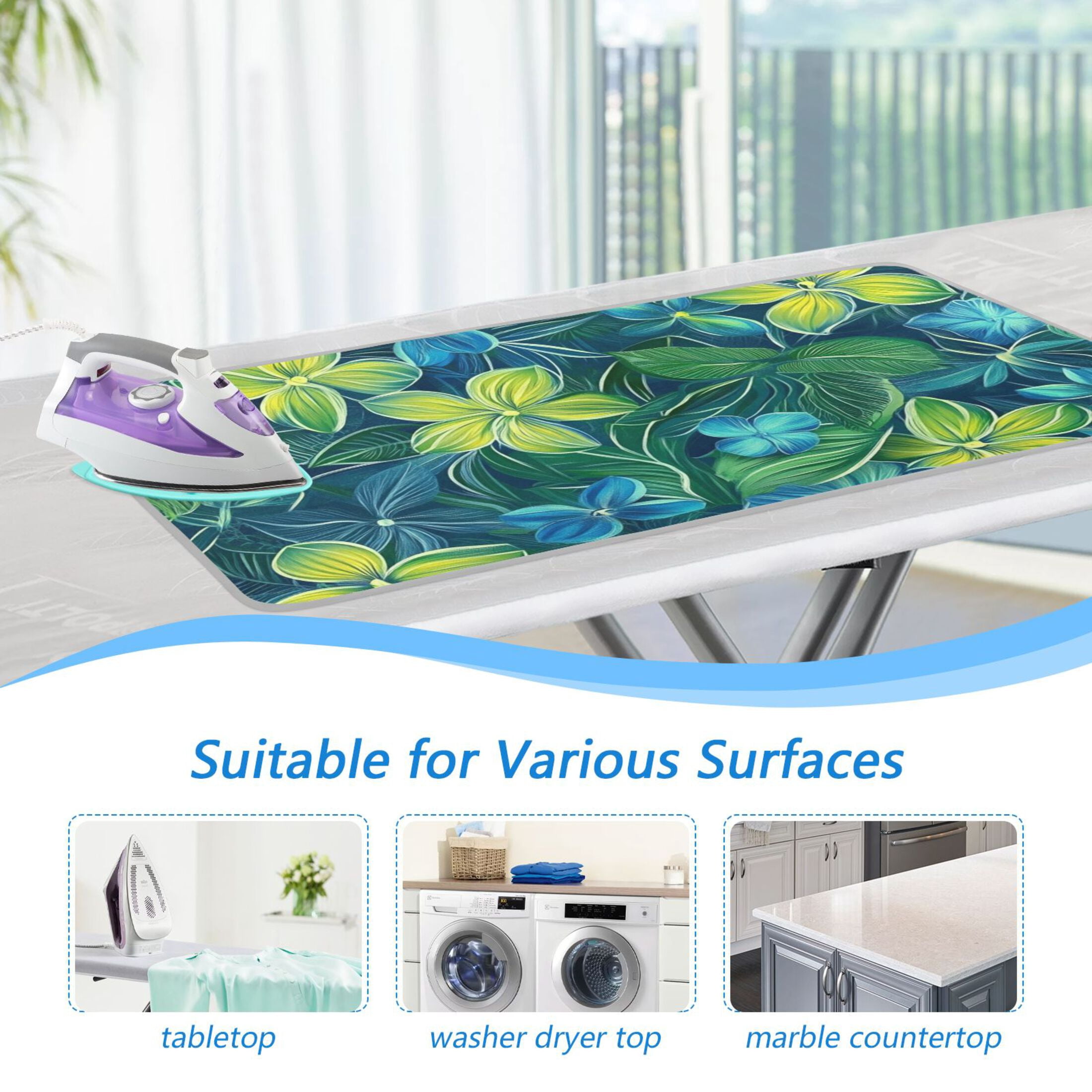 Blue Green Flowers Leaves Hawaii Style Ironing Mat Blanket Portable Travel Ironing Pad Heat Resistant Pad 47.2" x 27.6”