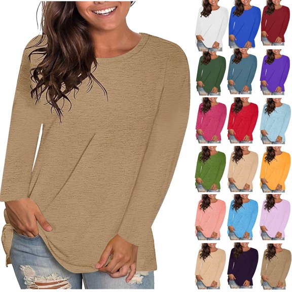 fheaev Plus Size Tops for Women Long Sleeve Shirts Fall Winter Casual Loose Fit Crew Neck Tunics Khaki,S