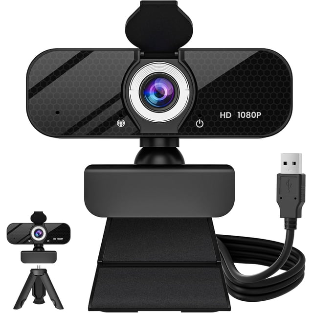 1080P HD Webcam with Built-in Microphone, Rotatable Tripod, Wide-Angle Lens,Privacy Cover, Auto Light Correction, Plug & USB-A Webcam for Laptop, Desktop, PC, Streaming-Black