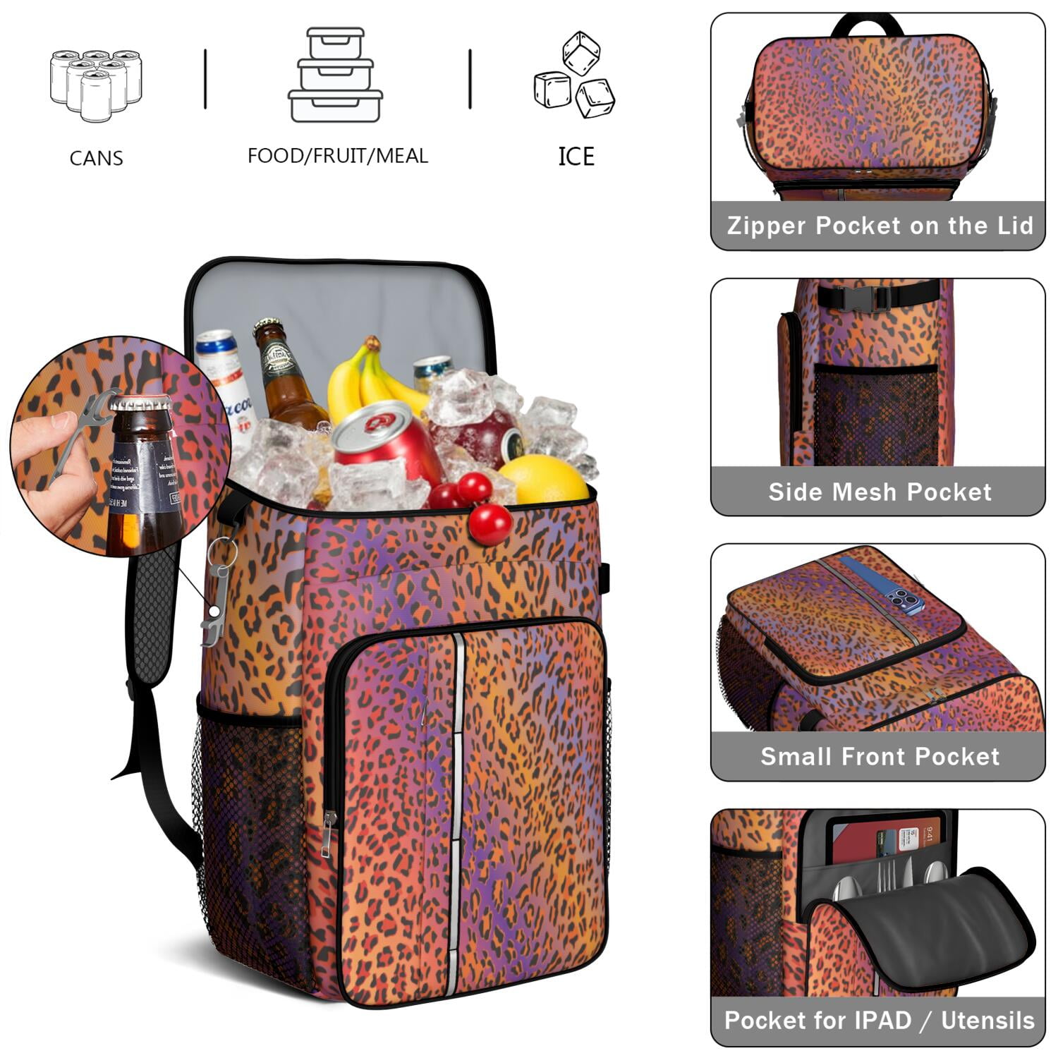 Travel Cooler Bag - Orange and Purple Of Leopard Print Camping Beer Cooler Backpack with Bottle Opener- Waterproof Insulated Picnic Backpacks - Cooler Bag for Beach