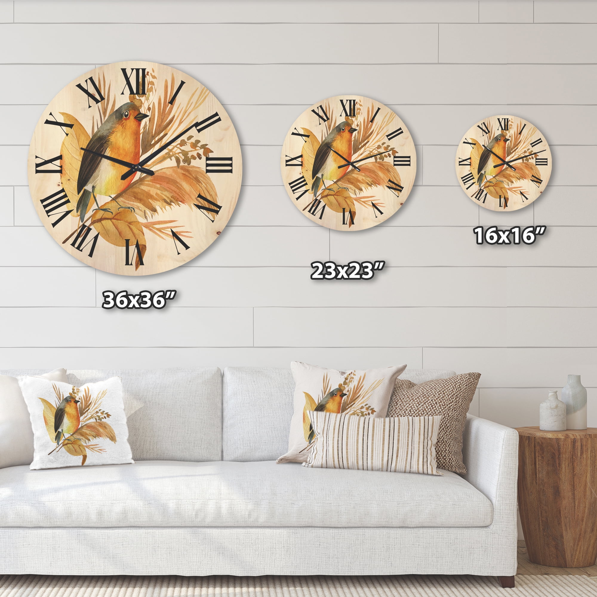 Designart 'Autumn Flowers and Robin Bird' Traditional Wood Wall Clock