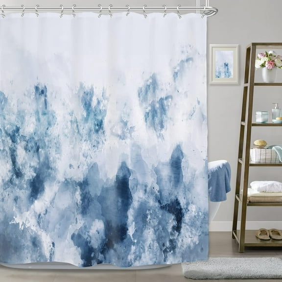 Abstract Ombre Blue Shower Curtain 72Wx84H Inch Watercolor Gray Cold Modern Art Painting Extra Long Fabric Waterproof Bathroom Home Decor Set 12 Plastic Hooks