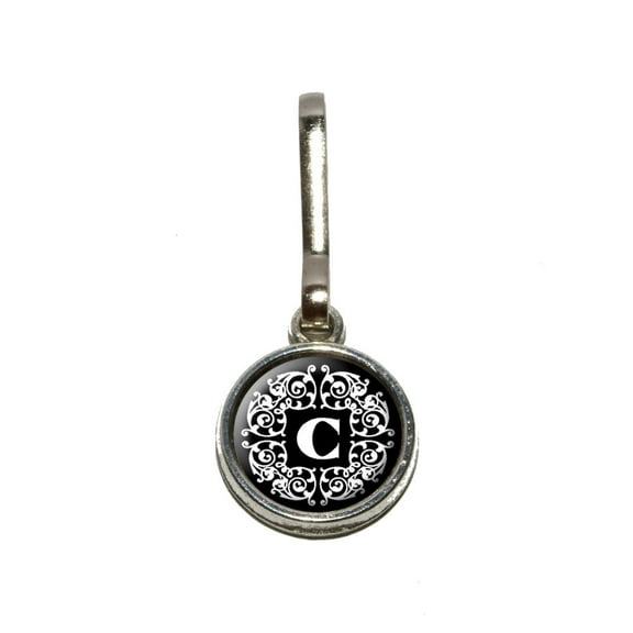 Letter C Initial Black and White Scrolls Charm Zipper Pull