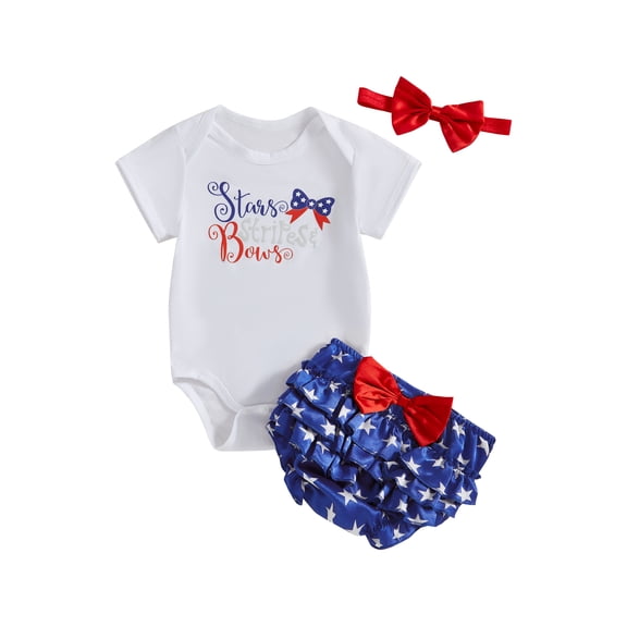BemeyourBBs Newborn Baby Girl 4th Of July Outfit Independence Day Patriotic Summer Clothes Star Letter Bow Print Short Sleeve Romper Bloomers Shorts And Headband 3 Pcs Set