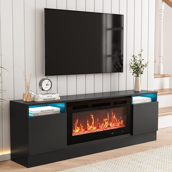 70" TV Stand Fits for 36" Electric Fireplace, Modern Media Entertainment Center with Storage Cabinet and LED Lights (Not Include Fireplace)