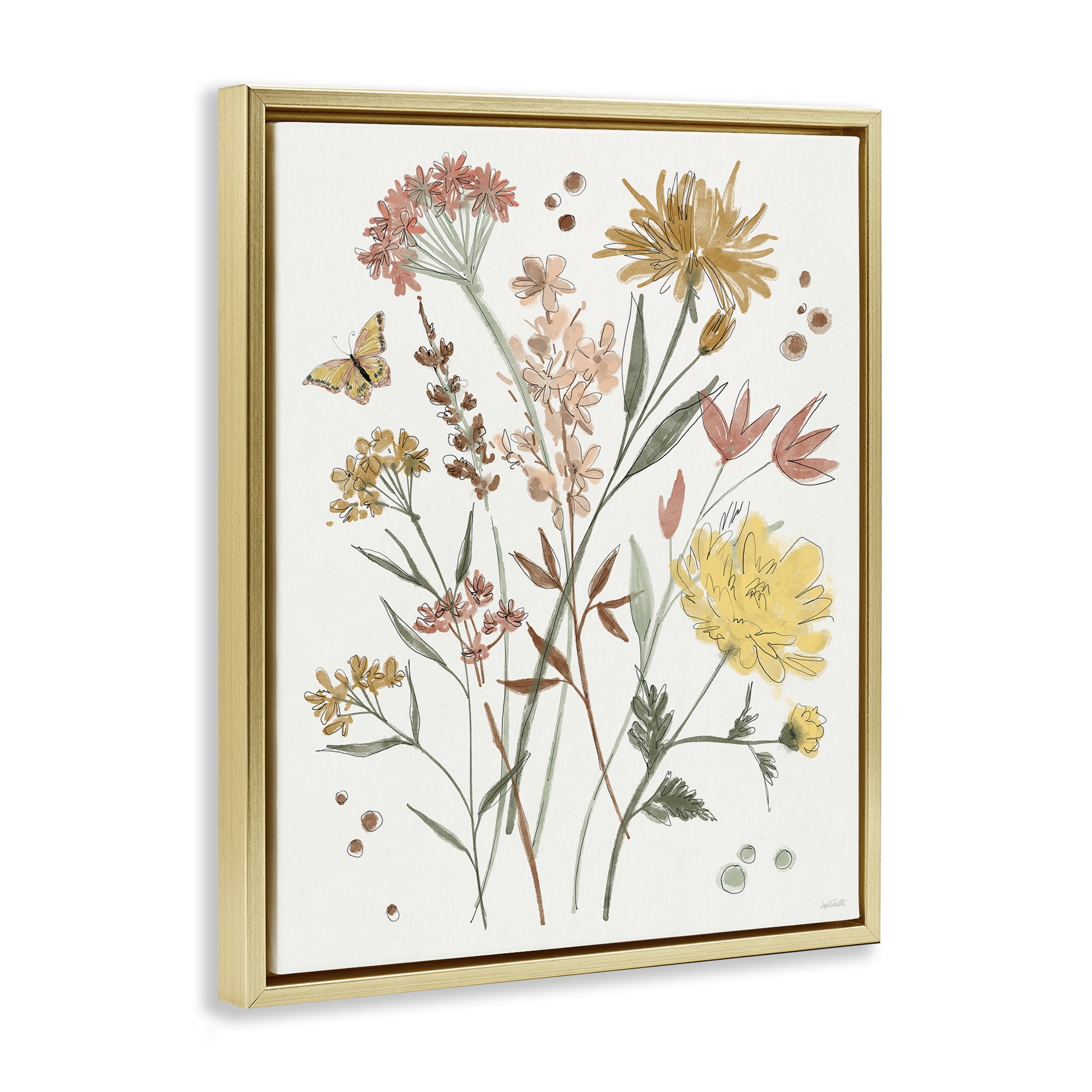 Stupell Industries Full Bloom Wildflowers Plants & Flowers Painting Gold Floater Framed Canvas Art Print Wall Art, 17 x 21