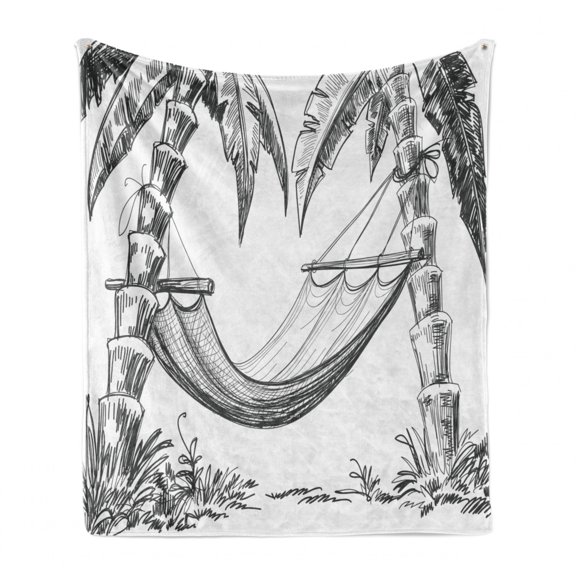 Vintage Boat Soft Flannel Fleece Blanket, Hammock and Palm Trees Holiday Relaxation at Coast Tropical Landscape, Cozy Plush for Indoor and Outdoor Use, 50" x 60", Charcoal Grey White, by Ambesonne